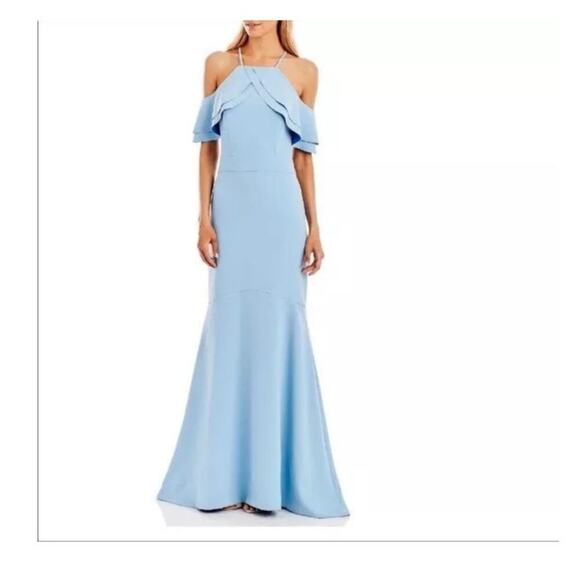 Nicole Miller Baby Blue Cold Shoulder Mermaid Formal Evening Gown Dress Size 4 - Picture 3 of 10